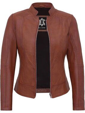 Women's Brown Lambskin Stylish Motorcycle Jacket zipper closure Leather Jackets